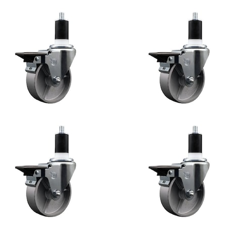 Service Caster 4'' Semi Steel Swivel 1-1/2'' Expanding Stem Caster Set with Brake, 4PK SCC-EX20S415-SSR-PLB-112-4